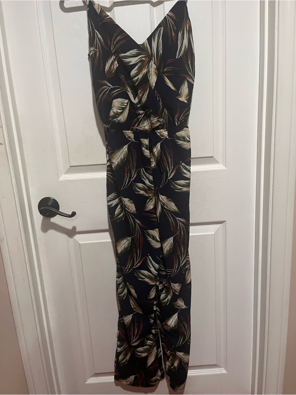 Timing Navy Jumpsuit with Olive & Cream Leaf Print